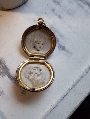 Vintage Brass Gold Toned Locket w/ TWIN Boys Blonde Pictures Marked SILVER